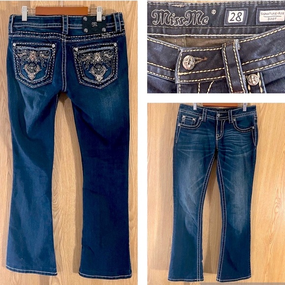 Miss Me Denim - Miss Me Signature Rise Boot Dark Blue with Gold Leather/Crystals & Pearls Jeans